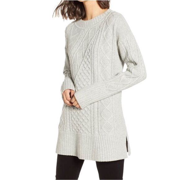 J. Crew‎ Wool Sweater Womens Small Light Gray Cable-Knit Patchwork Tunic - Picture 1 of 12